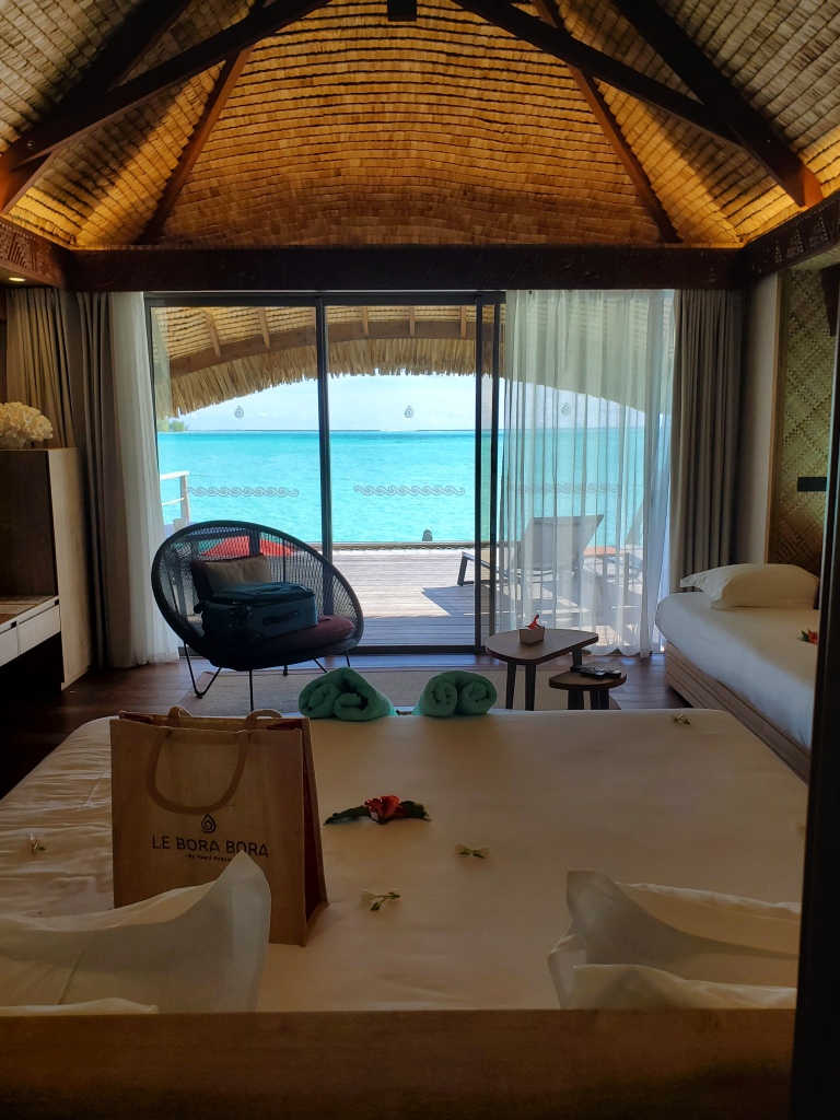 Enjoy the view of the lagoons from the bathroom in the over water bungalow at Le Bora Bora By Pearl Resort